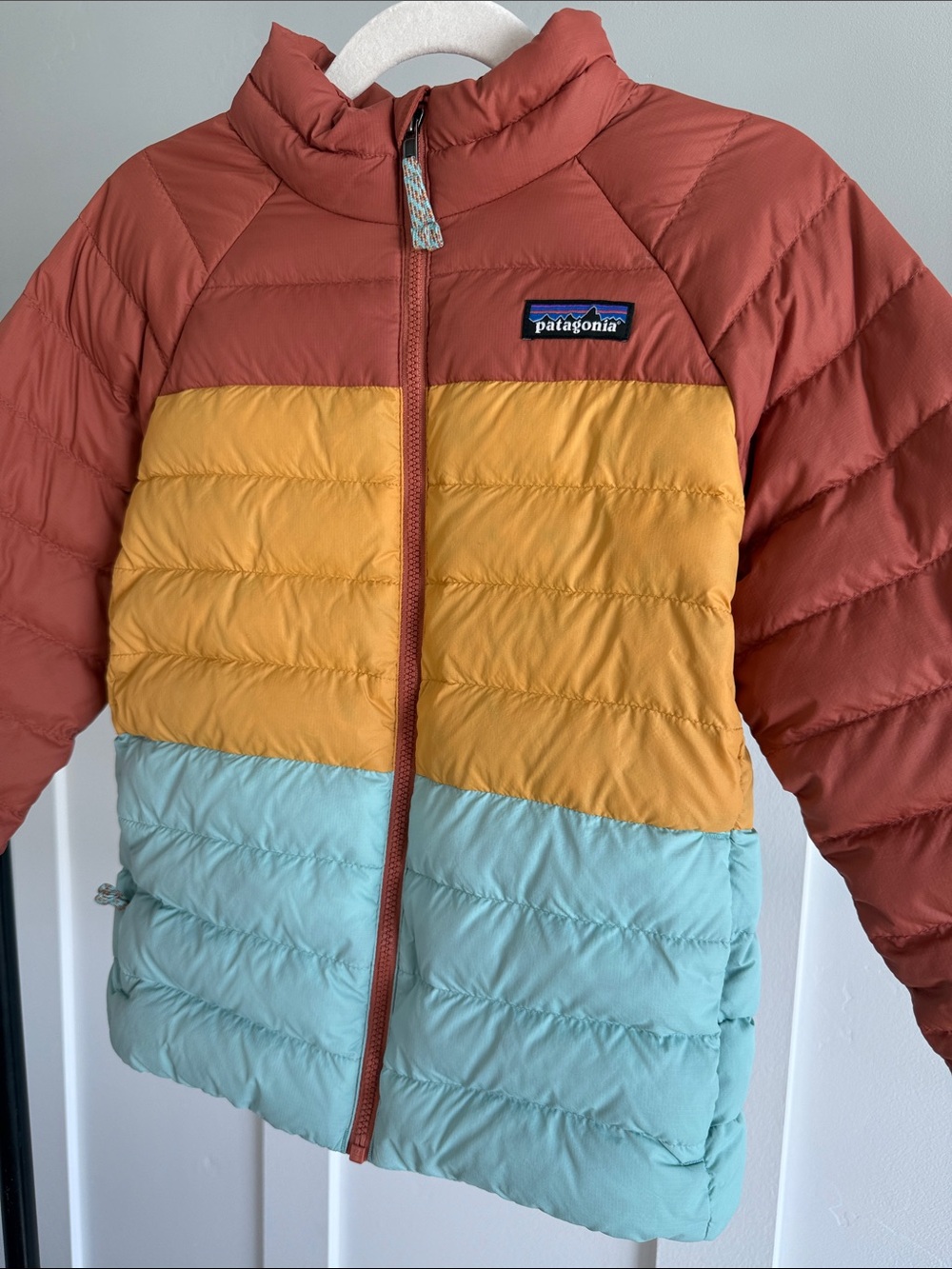 Patagonia Kids Colorblock Puffer Jacket — Rust, Mustard, Light Blue